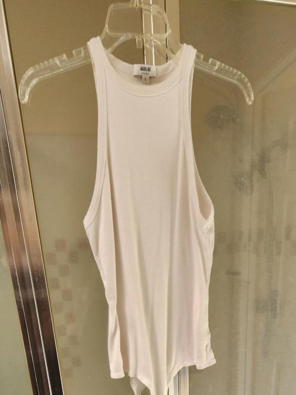Agolde Rianne White Ribbed Long Sleeve Bodysuit Minimalistic Snap Closure Sz L